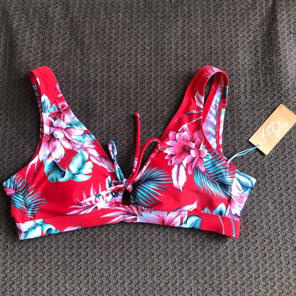 Kona Sol Bikini Top Red Keyhole Tropical Lightly Padded Women Size M (8-10) NWT - Picture 1 of 3